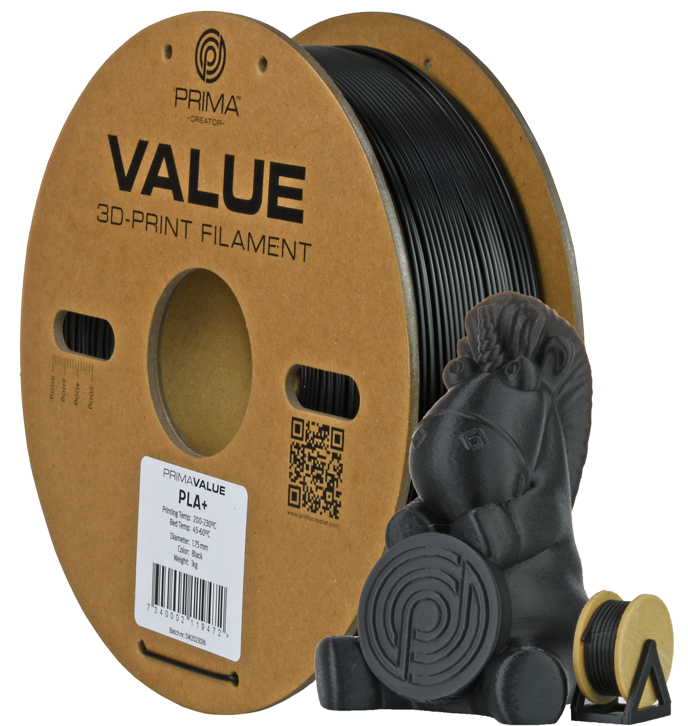 PrimaCreator PrimaValue PLA+ filament 1,75 mm 1 kg – crni