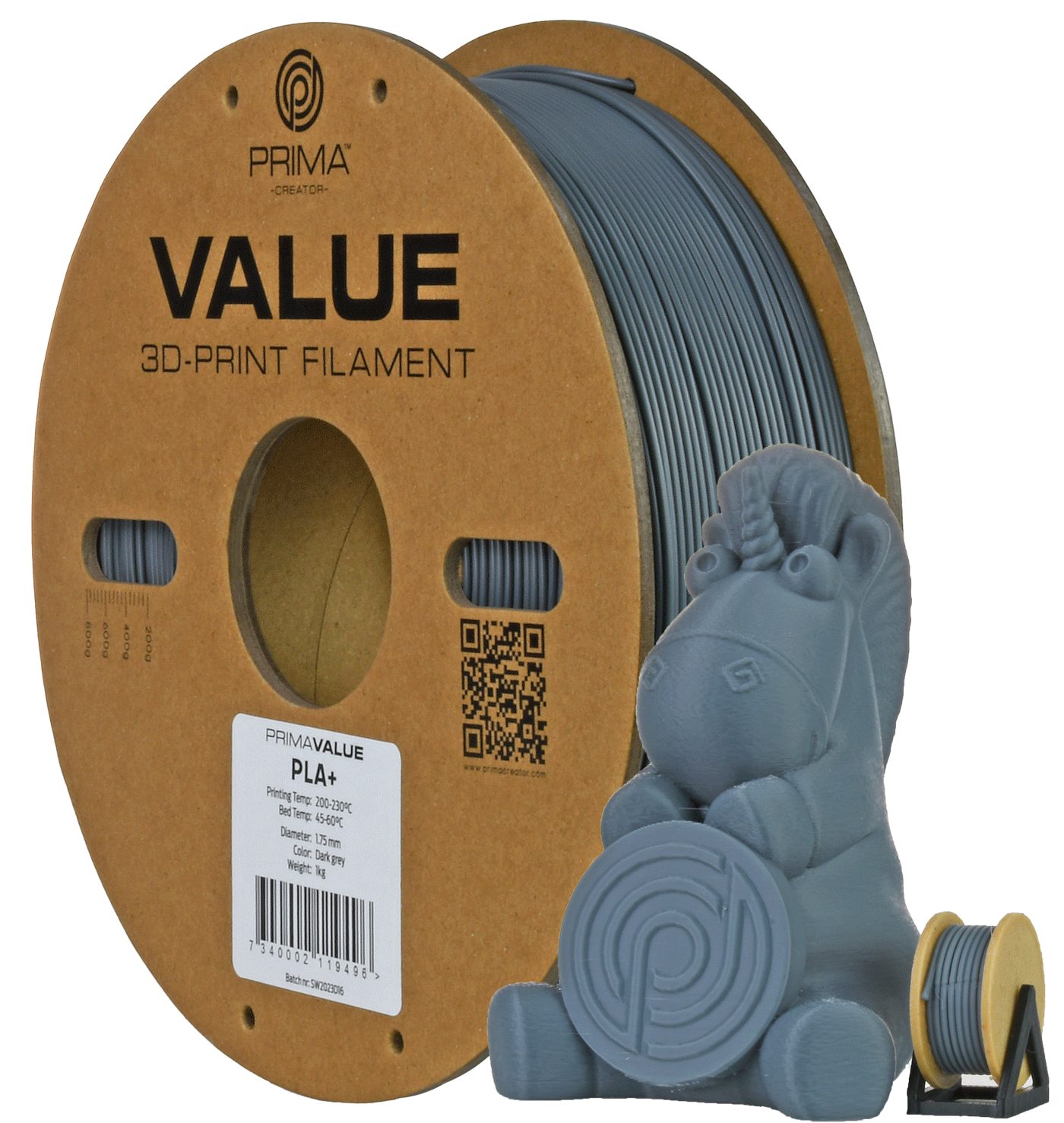 PrimaCreator PrimaValue PLA+ filament 1,75 mm 1 kg – tamnosivi